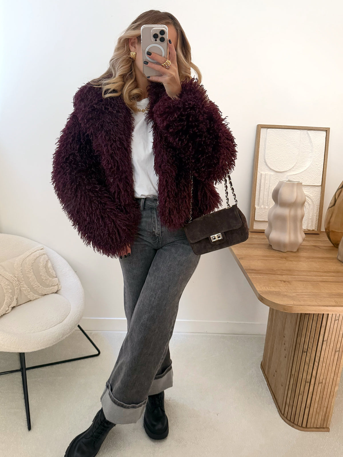 Manteau en fourrure bouclette JASON - aubergine
