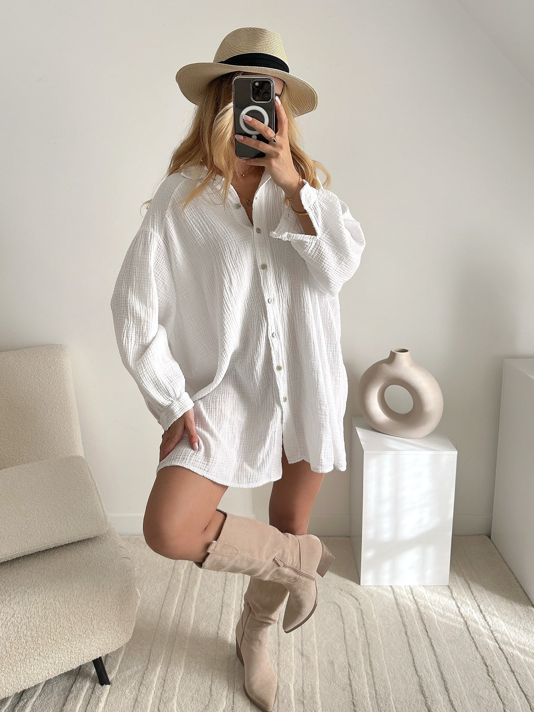 Robe chemise en gaze de coton CAMERON - blanc