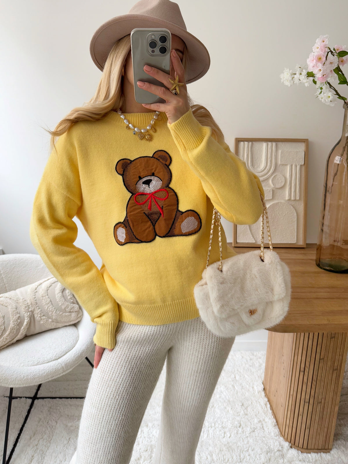 Maille ourson brodé BEAR - jaune poussin