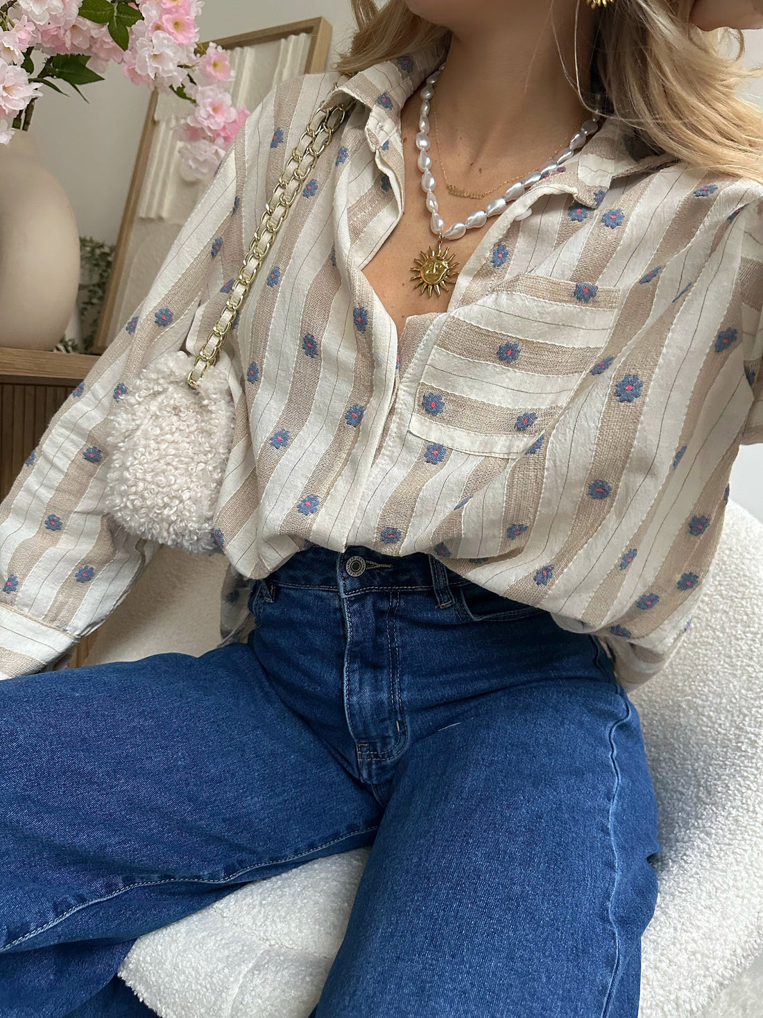 Chemise fleurs brodées et rayures mocha PONCEE