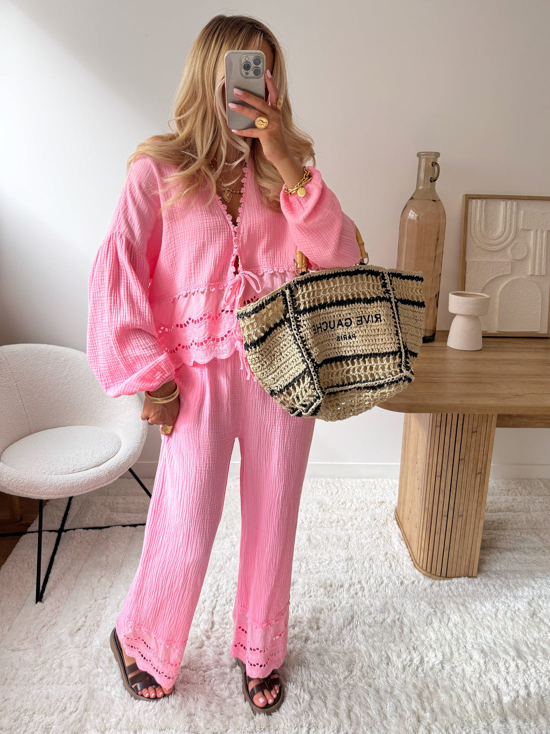 Pantalon en gaze de coton broderie anglaise FABRON - rose