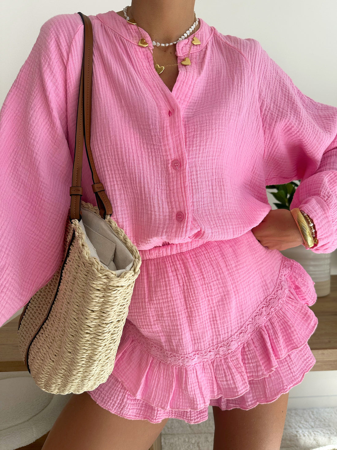 Jupe-short en gaze de coton OMIZE - rose