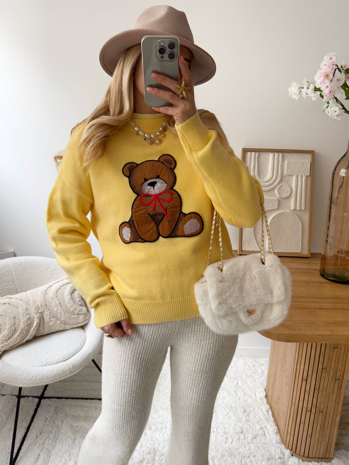 Maille ourson brodé BEAR - jaune poussin
